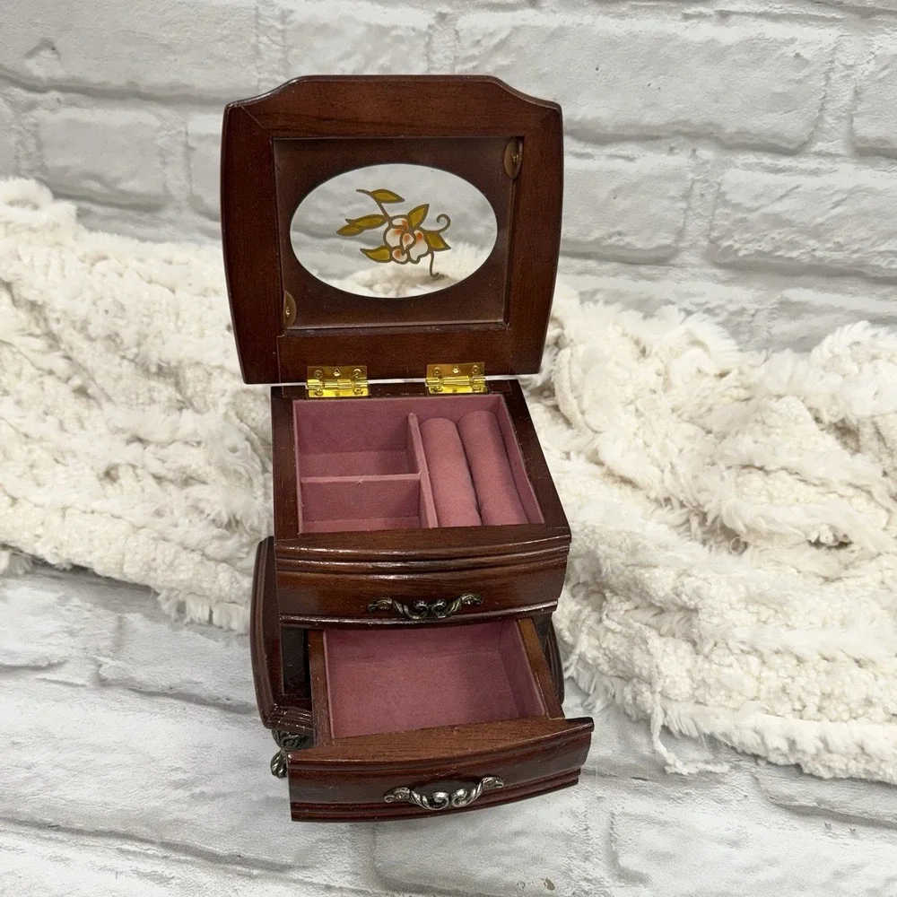 Vtg MeLe Small Wood Claw Foot Jewelry Music Box Stain Glad Flower Pretty Dainty